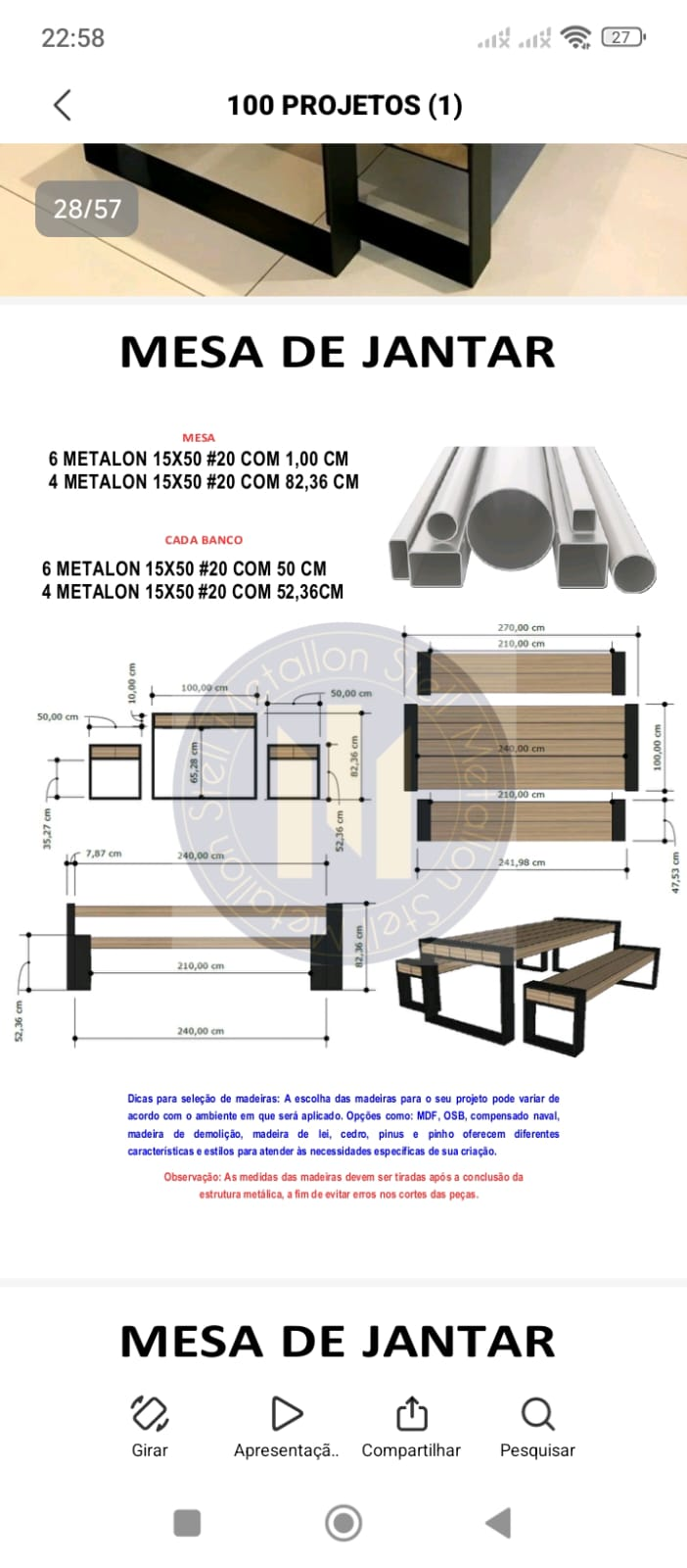 Projeto detalhado: MESA DE JANTAR